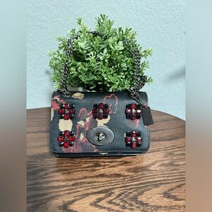 COACH 52473 Chain Shoulder Bag Leather Black Floral Pattern Flower Motif Bijou